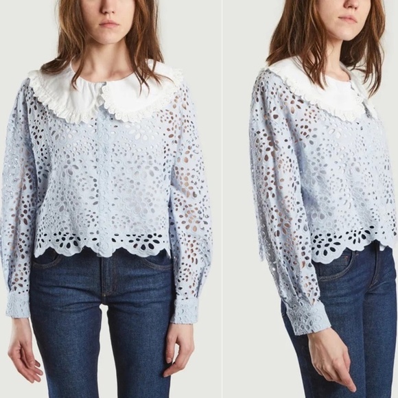 Maje Guipure Lace Top - Size 3 (Large, fits like Medium) Pale Blue / White - Picture 1 of 14
